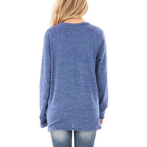 Women's Long Sleeve Blue Casual Twist Knot Tunic Top - Picture 2 of 2